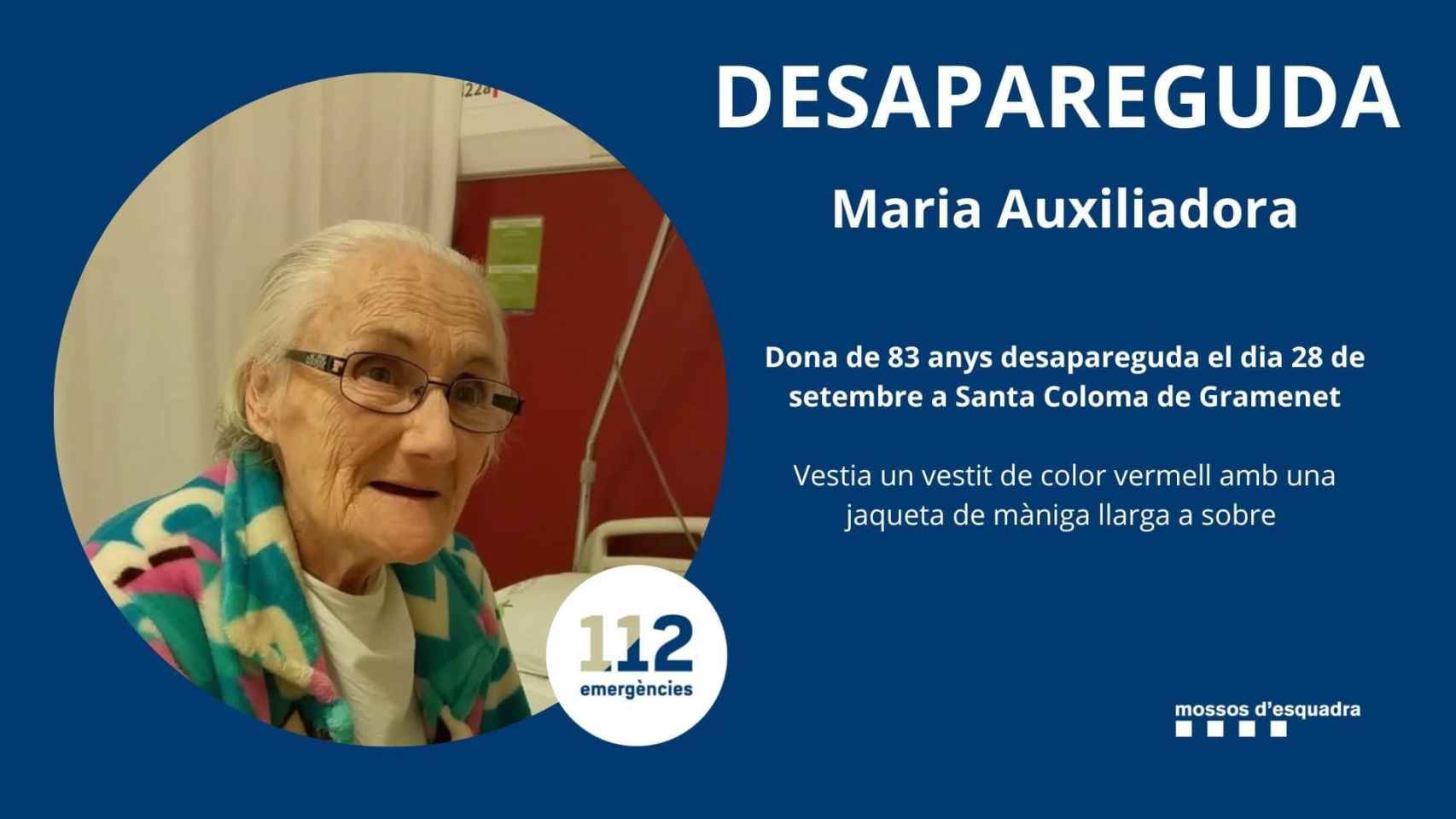 Imagen del aviso emitido por Mossos sobre la desaparición de Maria Auxiliadora / TWITTER MOSSOS