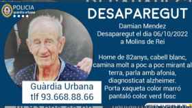 El anuncio de búsqueda de Damián, un anciano desaparecido en Molins de Rei / GUARDIA URBANA