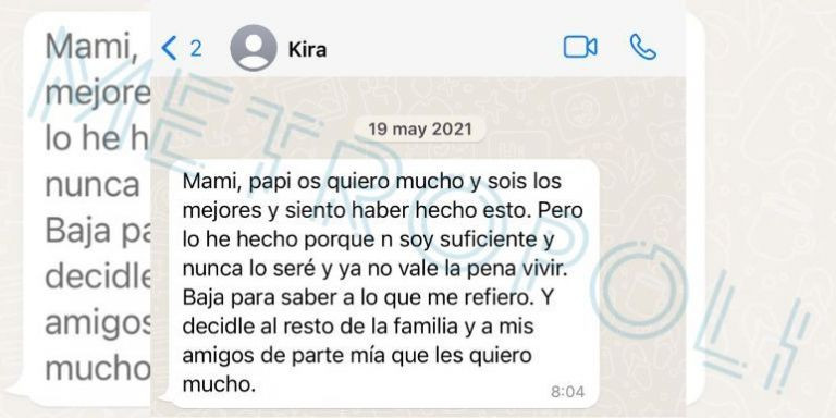 Captura del mensaje que envió Kira a sus padres antes de suicidarse / CEDIDA