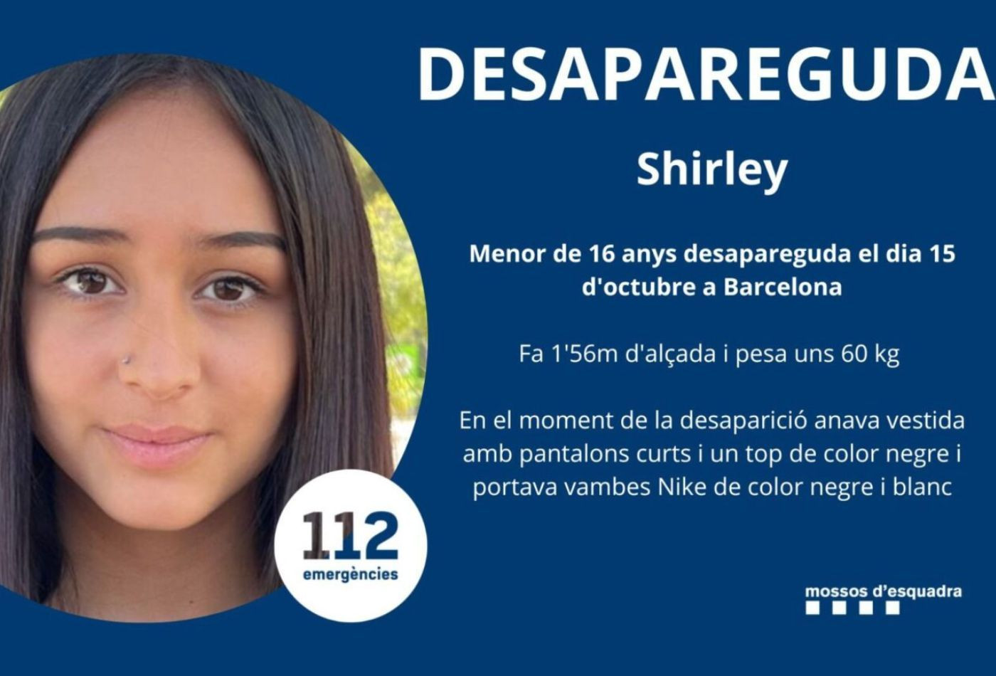 Cartel para localizar a Shirley, la joven de 16 años desaparecida en Barcelona / MOSSOS D'ESQUADRA