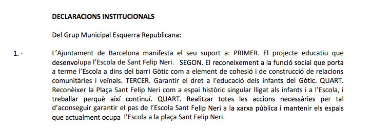 Texto de la declaración institucional sobre la escuela Sant Felip Neri 