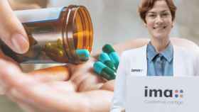 Fotomontaje de medicamentos y uno de los carteles promocionales de IMA Contigo / IMA CONTIGO