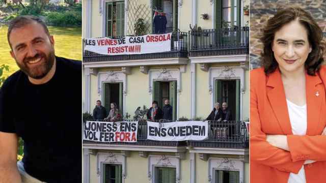 Fotomontaje donde aparecen Tono Hernández Bladé, la fachada de la Casa Orsola y Ada Colau