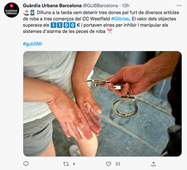 Tuit de la Guardia Urbana sobre el robo en Glòries / TWITTER GUARDIA URBANA