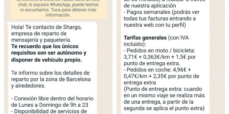Oferta de empleo de Shargo enviada por Whatsapp a un trabajador afectado por el ERE / CEDIDA