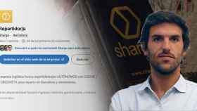 Fotomontaje donde aparece el CEO de Shargo, Sergi Fabregat, la oferta de trabajo en Linkedin y la mochila de un rider de la compañía / METRÓPOLI