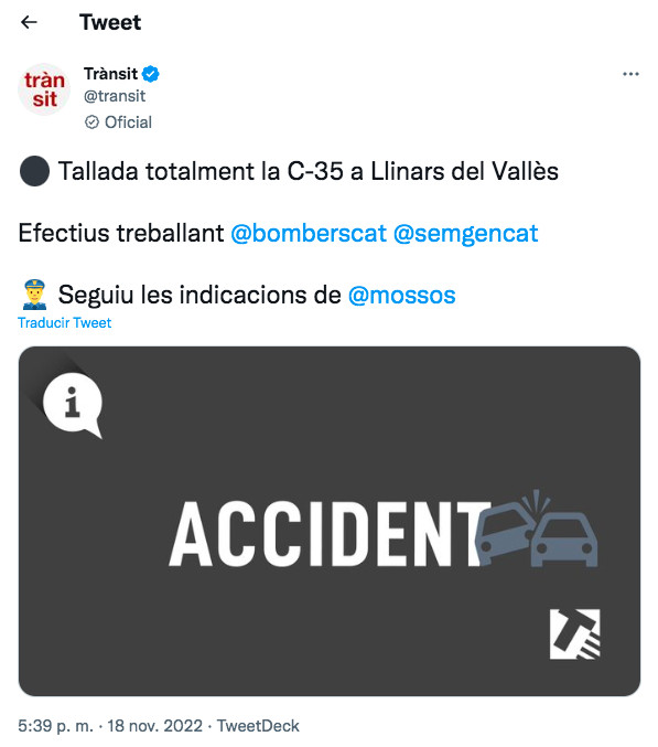 Tuit de los bomberos de la Generalitat sobre el accidente de Llinars