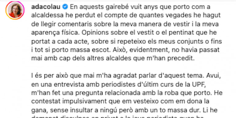Ada Colau pide disculpas a través de su cuenta de Instagram / INSTAGRAM
