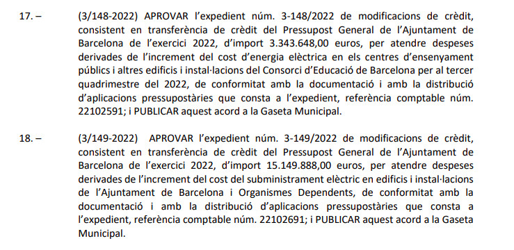 Los textos de la comisión de gobierno sobre el incremento de las partidas para luz / AYUNTAMIENTO DE BARCELONA