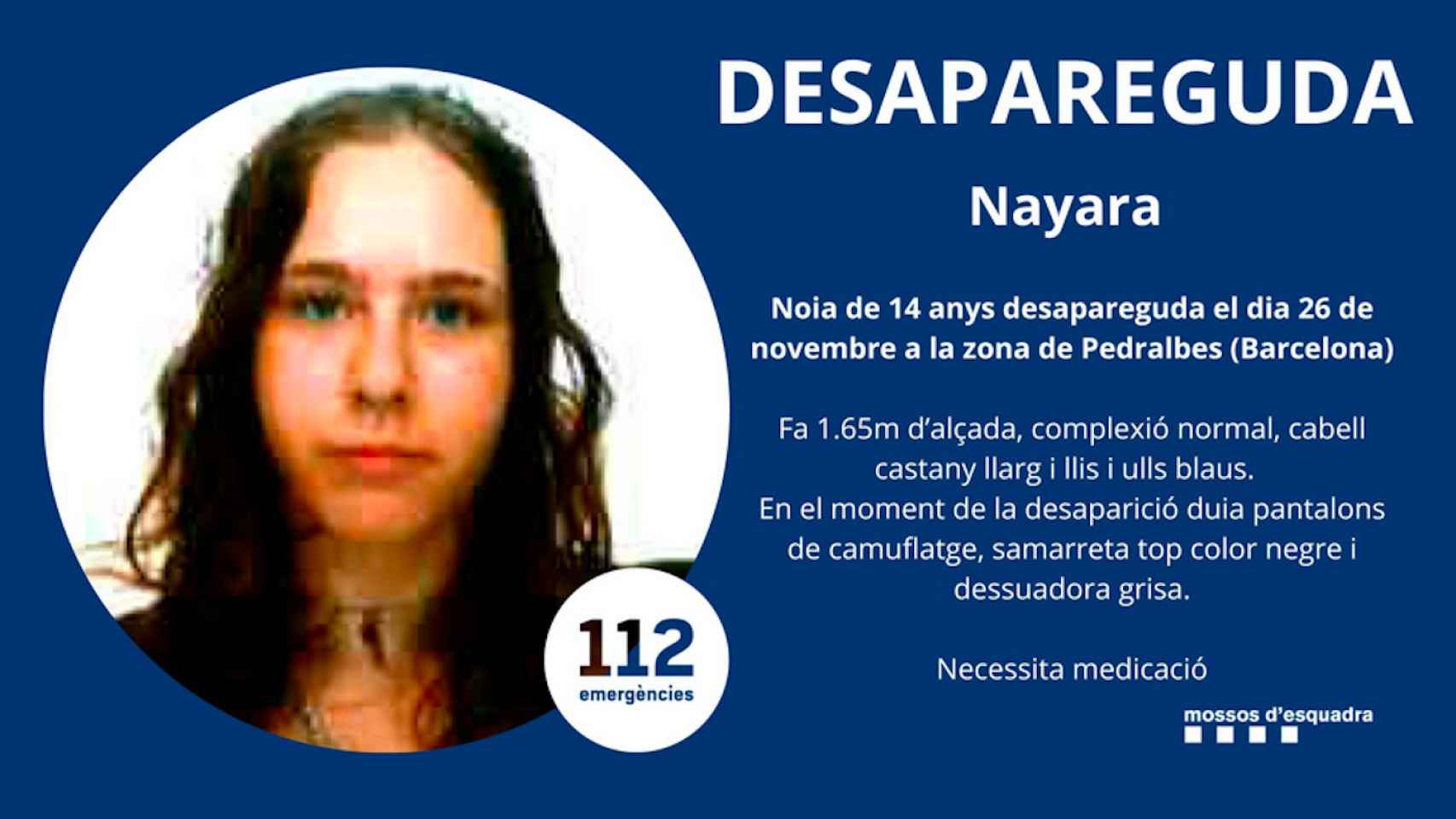 Imagen de la menor desaparecida en Pedralbes / TWITTER MOSSOS ESQUADRA