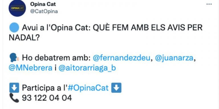 Tuit anunciando el próximo debate del Opina Cat de 8TV / TWITTER