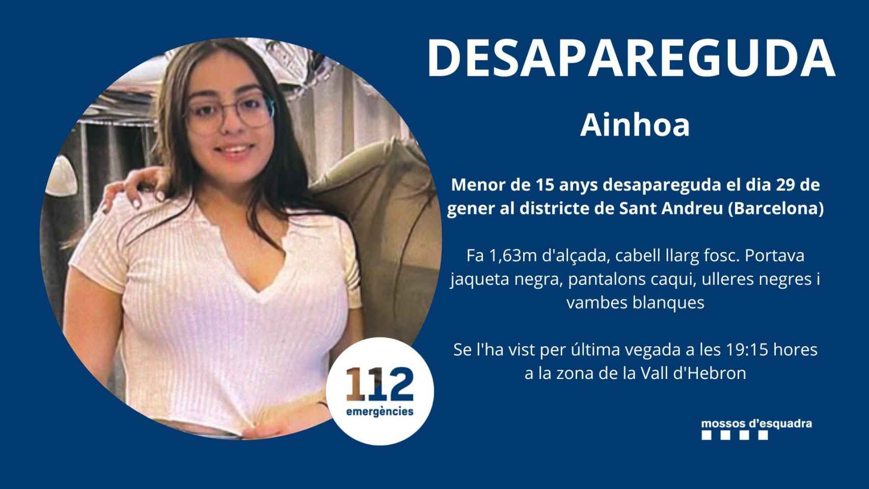 Imagen de Ainhoa del aviso por desaparición emitido por los Mossos d'Esquadra / TWITTER MOSSOS