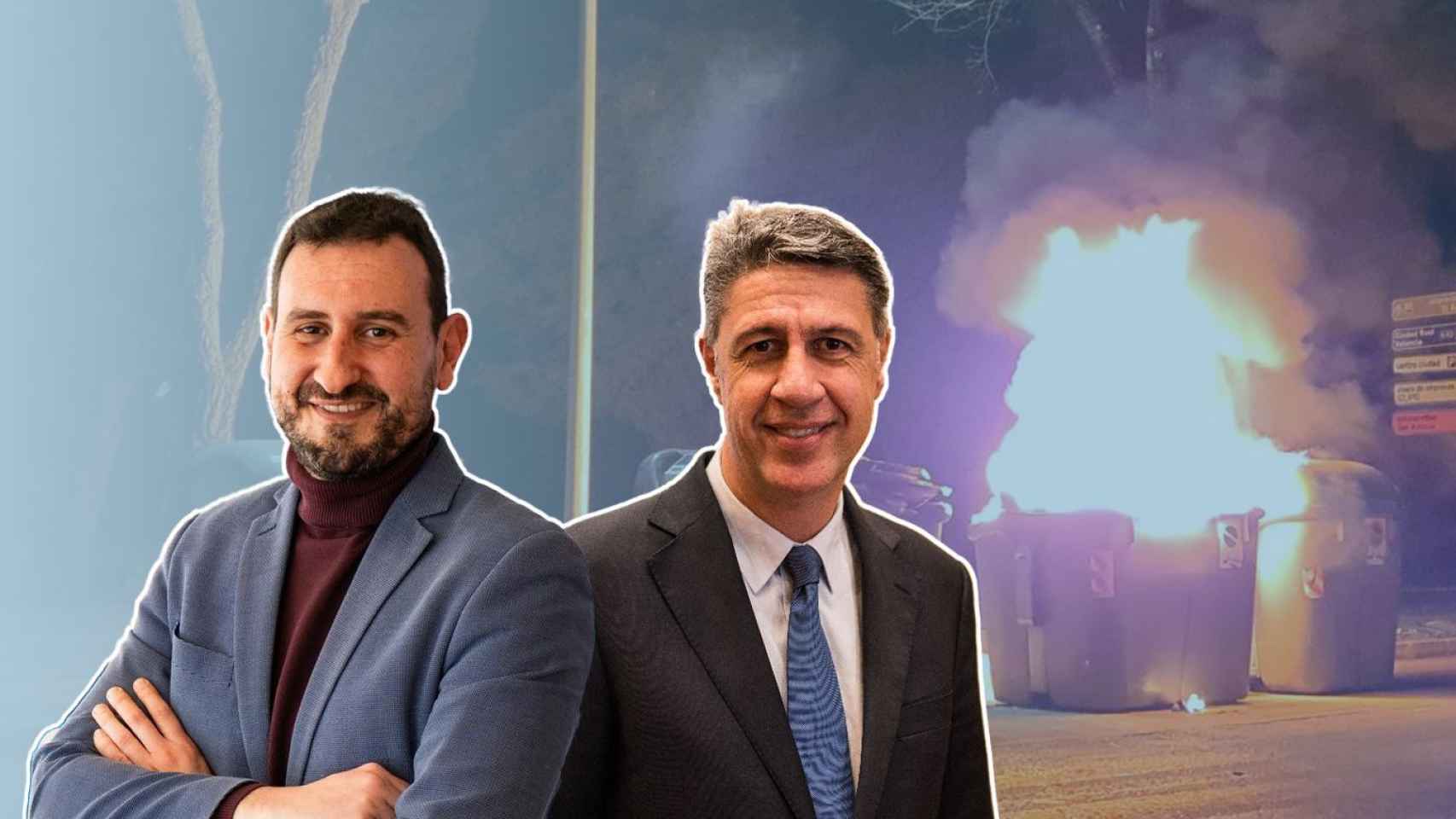 Fotomontaje del alcalde de Badalona, Rubén Guijarro, y el ex alcalde, Xavier García Albiol, con un contenedor ardiendo / METRÓPOLI