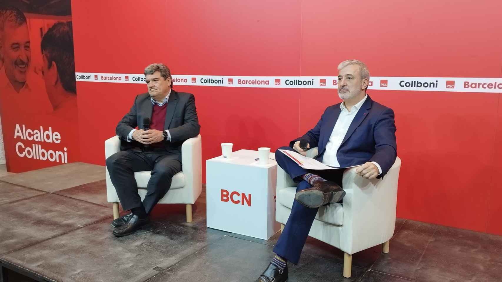 El ministro José Luis Escrivá y el candidato del PSC a la alcaldía de Barcelona, Jaume Collboni, durante el diálogo 'Abrimos una nueva etapa: para el futuro de la gente