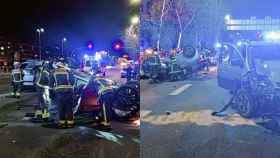 El coche volcado y destrozado tras un choque entre cuatro vehículos en la Meridiana / BOMBERS DE BARCELONA