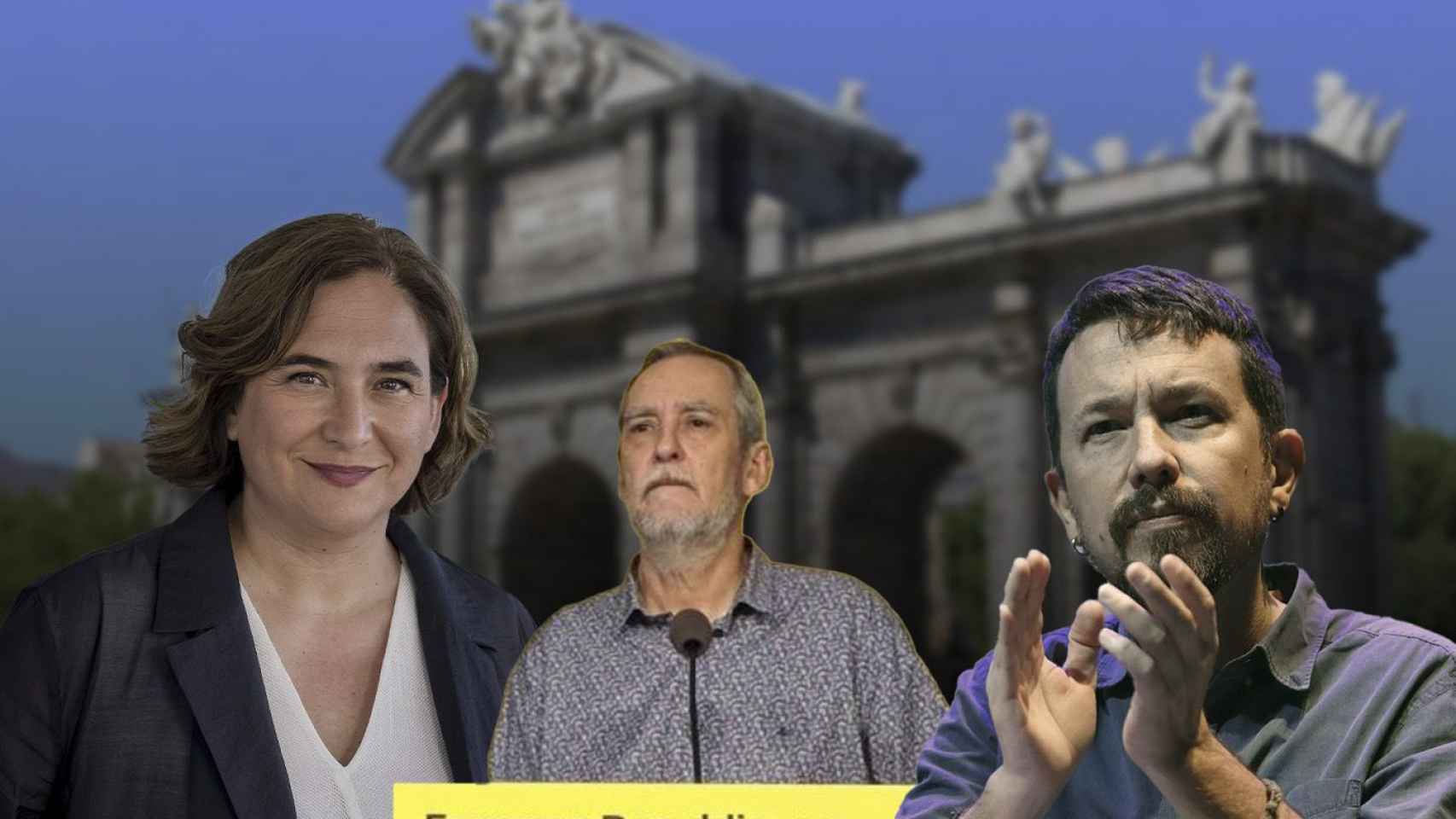 Fotomontaje donde aparecen Ada Colau, Jordi Coronas y Pablo Iglesias con Madrid de fondo