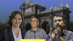 Fotomontaje donde aparecen Ada Colau, Jordi Coronas y Pablo Iglesias con Madrid de fondo