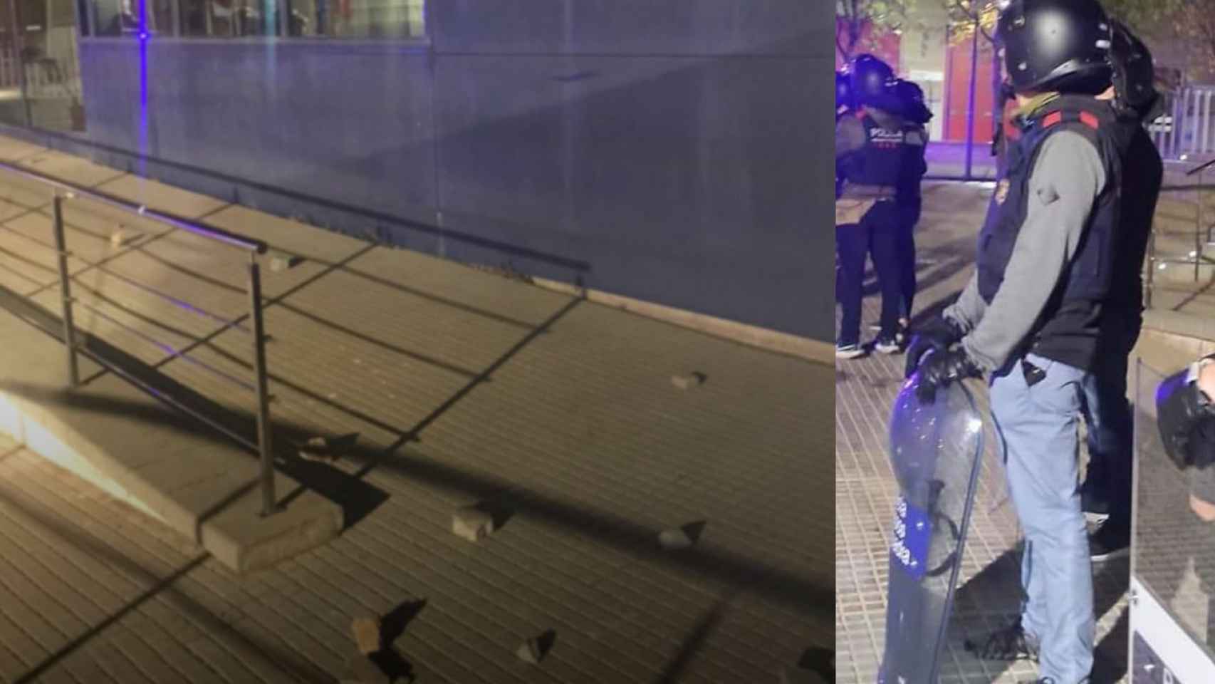 Fotomontaje de la comisaría de los Mossos d'Esquadra de El Prat y un agente durante la noche de los disturbios / CEDIDAS