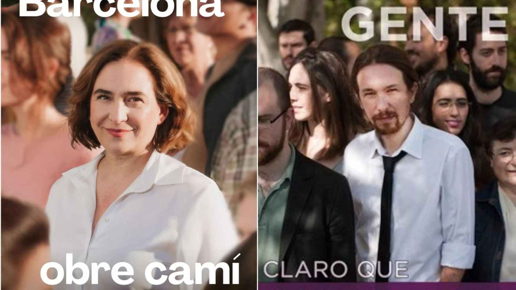A la izquierda, cartel actual de la campaña de Barcelona en Comú con el rostro de Colau para las municipales de 2023; a la derecha, un cartel antiguo de Podemos