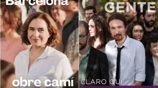 A la izquierda, cartel actual de la campaña de Barcelona en Comú con el rostro de Colau para las municipales de 2023; a la derecha, un cartel antiguo de Podemos