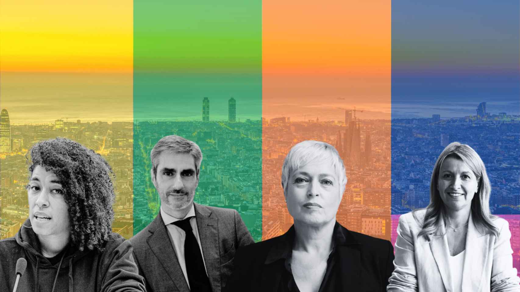 Los candidatos a la alcaldía de Barcelona Basha Changue (CUP), Gonzalo de Oro (Vox), Anna Grau (Cs) y Eva Parera (Valents) / METRÓPOLI