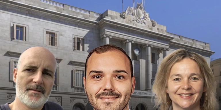 Fèlix Ortega, Albert Dalmau y Sara Jaurrieta en un fotomontaje con el Ayuntamiento de Barcelona / METRÓPOLI