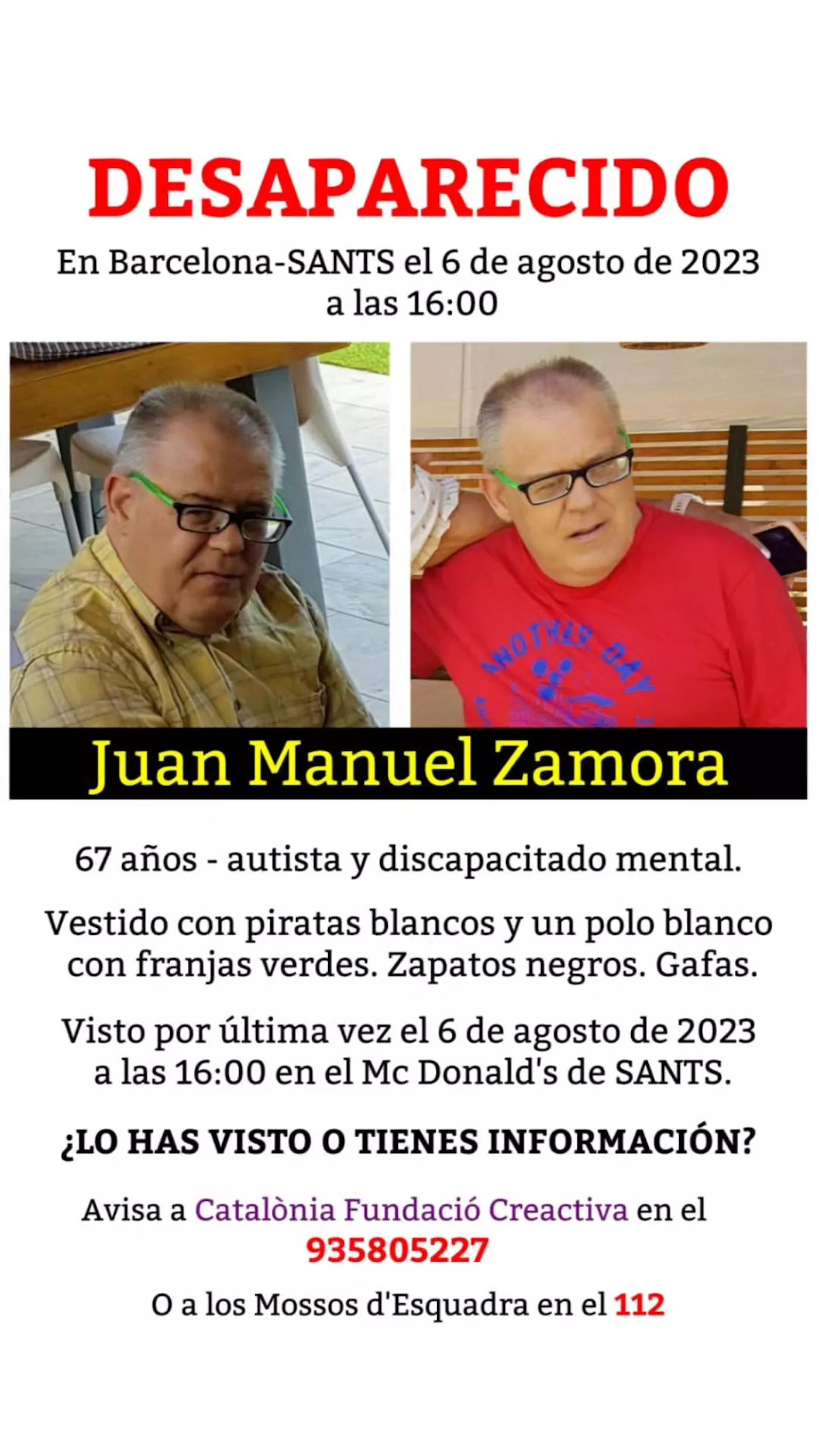 Aspecto de Juan, el hombre desaparecido en Barcelona / MOSSOS