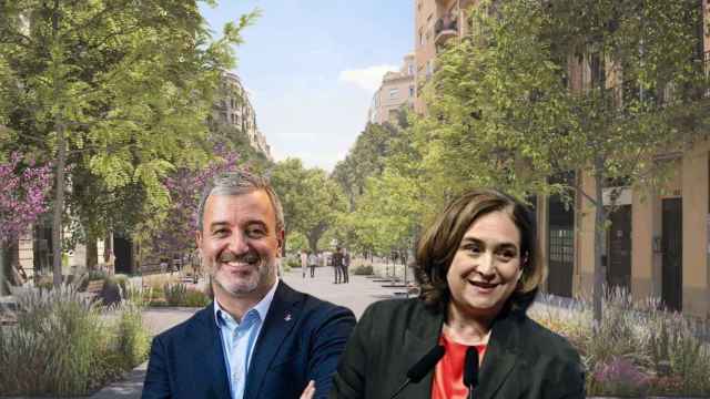Fotomontaje de Jaume Collboni y Ada Colau con un render de un futuro eje verde de la 'superilla' del Eixample / METRÓPOLI
