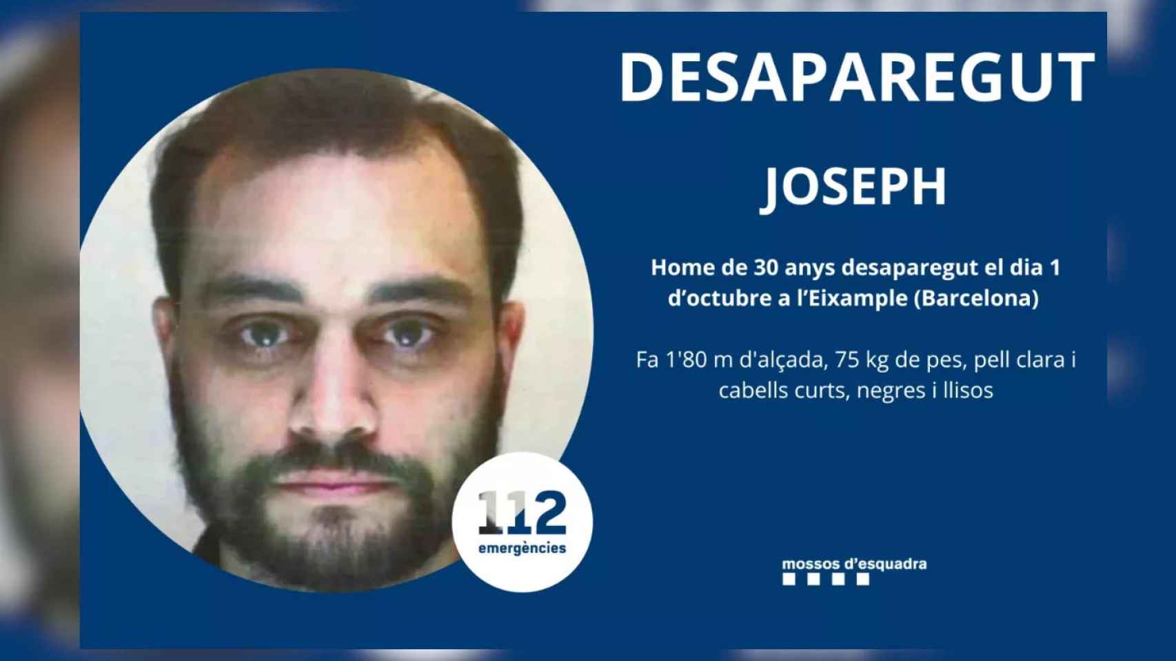 Cartel de búsqueda de Joseph, un vecino desaparecido en el Eixample / TWITTER MOSSOS
