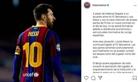 El FC Barcelona anuncia la marcha de Messi en Instagram / RRSS