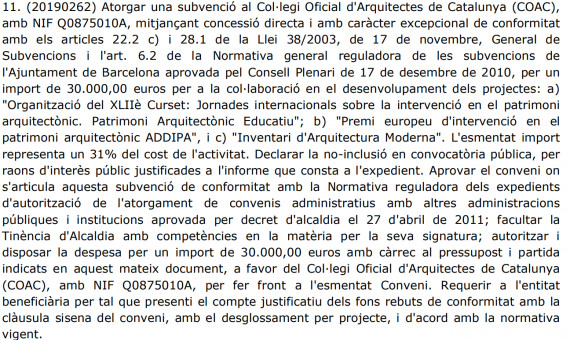 El texto sobre la subvención al Colegio de Arquitectos de Cataluña.