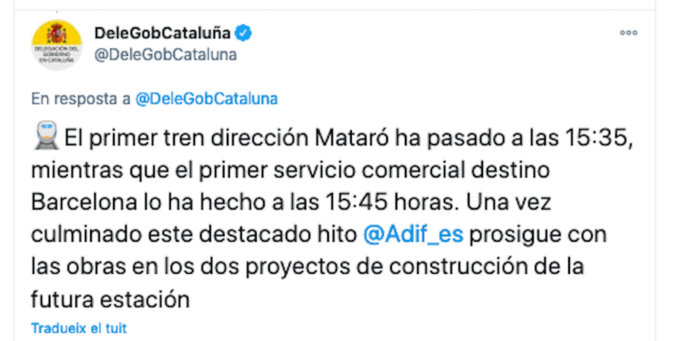 Valoración de la Delegación del Gobierno en Cataluña respecto al primer tren de pasajeros que ha circulado por la estación de la Sagrera/ TWITTER-DELEGACIÓN DEL GOBIERNO EN CATALUÑA