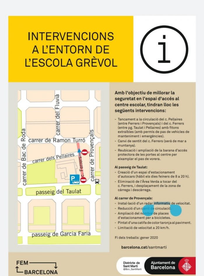 Cartel con las medidas del Ayuntamiento para pacificar el entorno de la escuela Grèvol