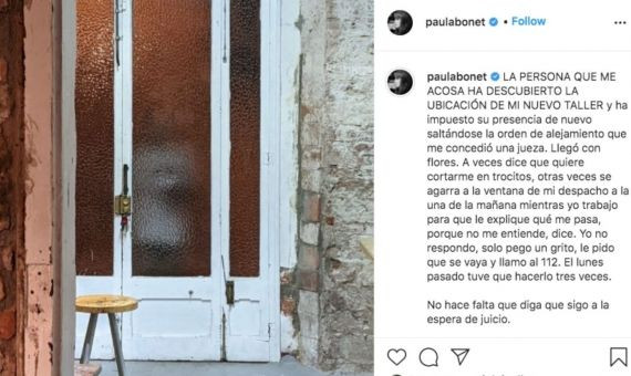 Publicación de Instagram en el que Paula Bonet ha denunciado la actuación de su acosador / RRSS
