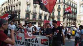 Imagen de algunos trabajadores de Bicing durante una manifestación en la plaza Sant Jaume