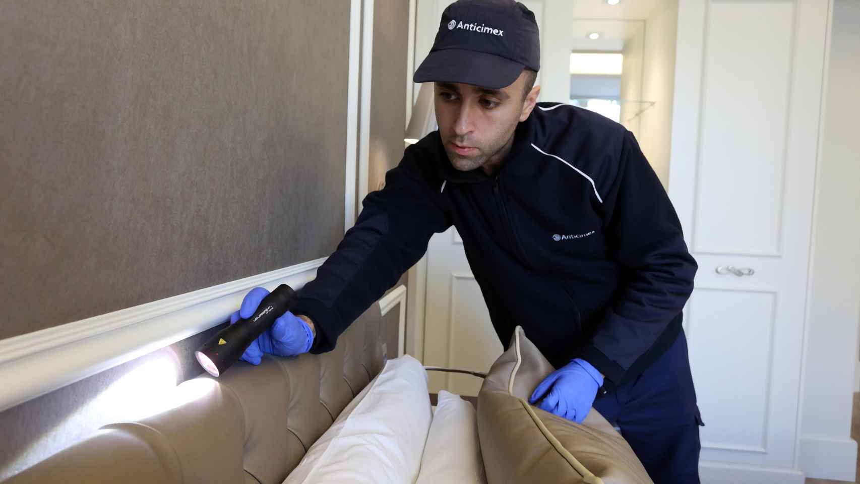 Un trabajador llevando a cabo una inspección por plaga de chinches
