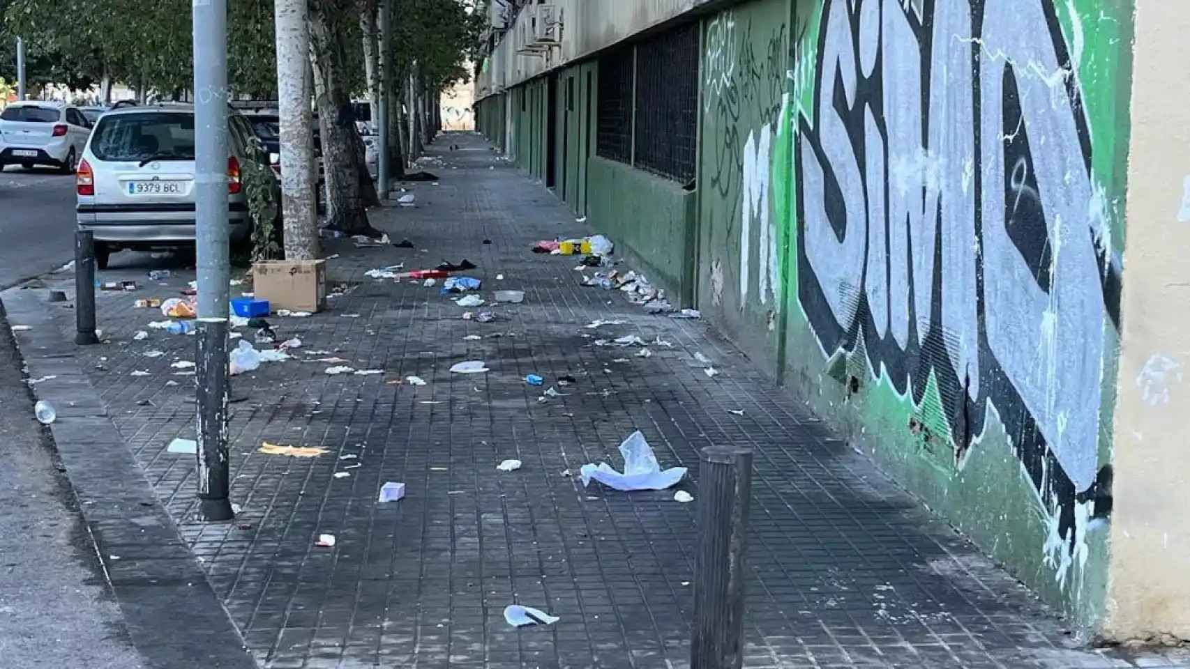 Suciedad y basura acumulada en una calle de La Mina de Sant Adrià
